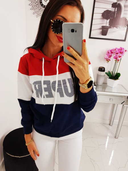 Hétköznapi női pulóver kapucnival és kék színű nyakkendővel