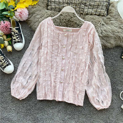 Modern női ing gombokkal és négyzet alakú nyakkivágással, négy színben