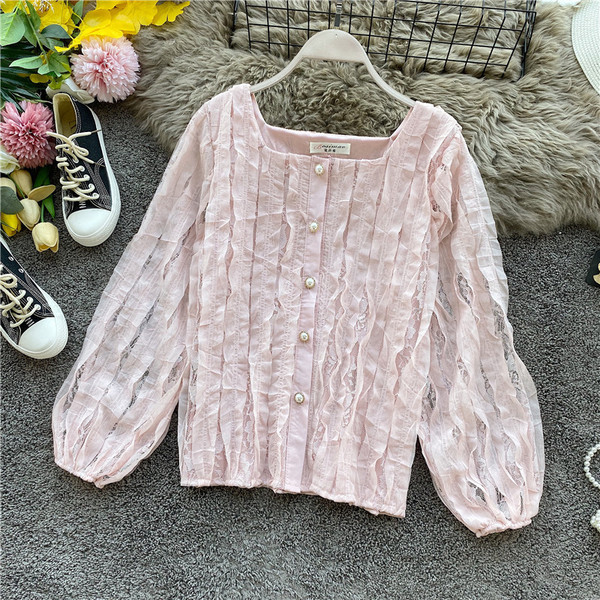 Modern női ing gombokkal és négyzet alakú nyakkivágással, négy színben