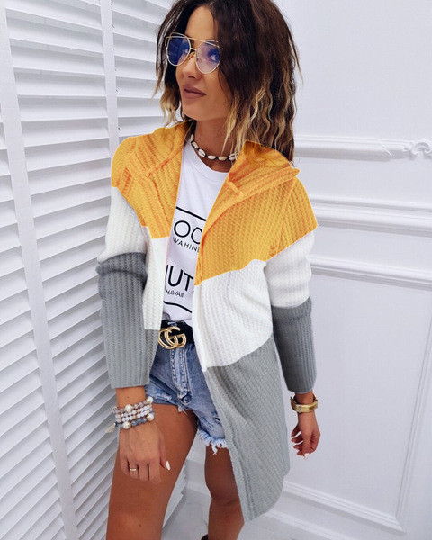 Rózsaszín, zöld és narancssárga színű, lezser hosszú női kardigán kapucnival