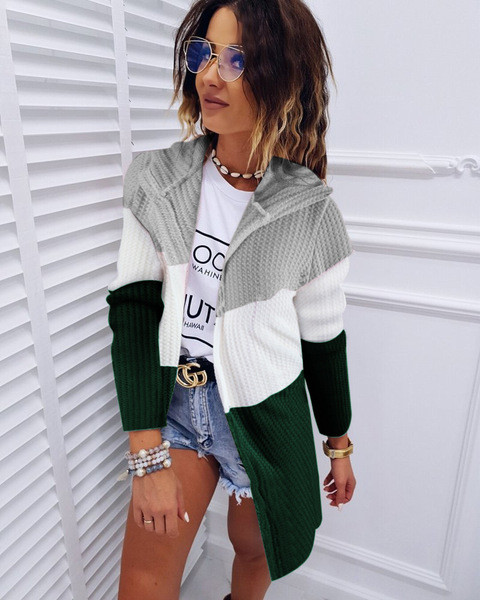 Rózsaszín, zöld és narancssárga színű, lezser hosszú női kardigán kapucnival