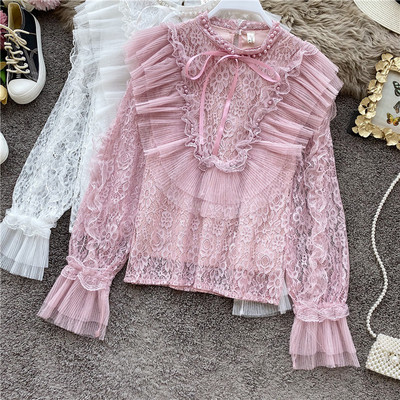 Stílusos női ing gyöngyökkel és nyakkendőkkel fehér, rózsaszín, zöld és fekete színekben