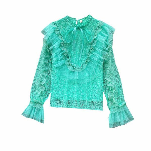 Stílusos női ing gyöngyökkel és nyakkendőkkel fehér, rózsaszín, zöld és fekete színekben