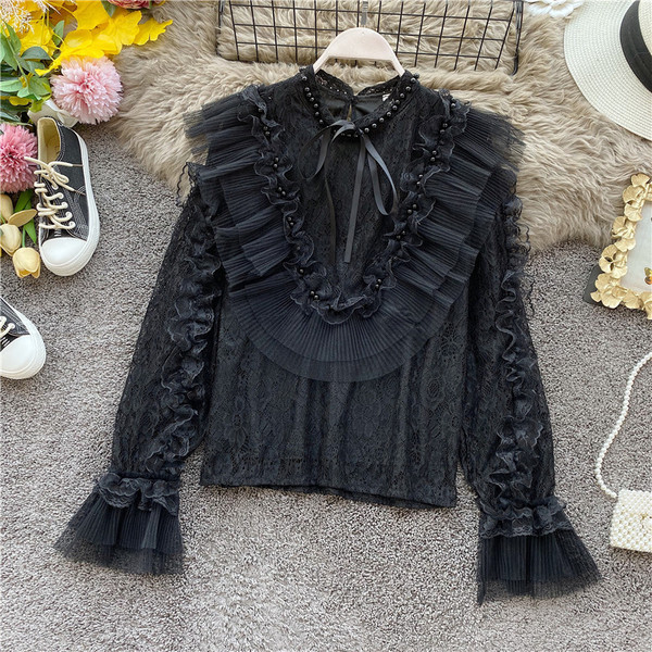 Stílusos női ing gyöngyökkel és nyakkendőkkel fehér, rózsaszín, zöld és fekete színekben