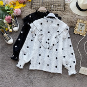 Modern női sifon ing magas gallérral és fürtökkel, fehér, bézs és fekete pöttyökkel