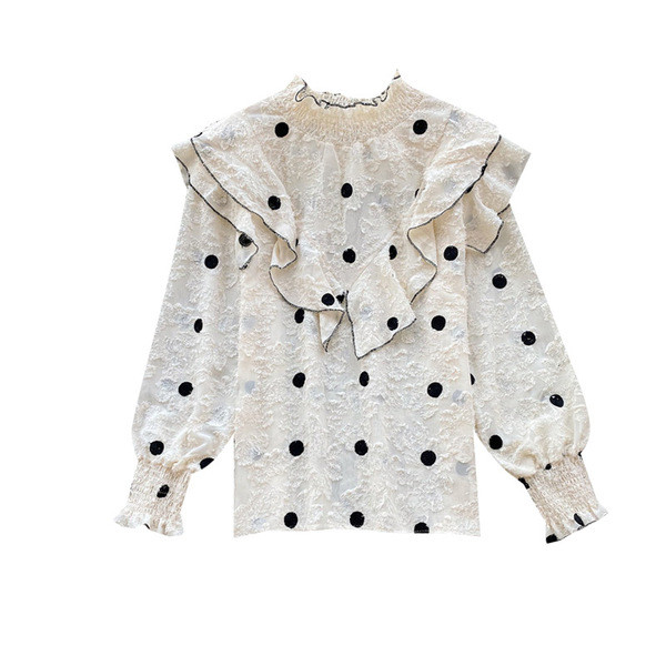 Modern női sifon ing magas gallérral és fürtökkel, fehér, bézs és fekete pöttyökkel