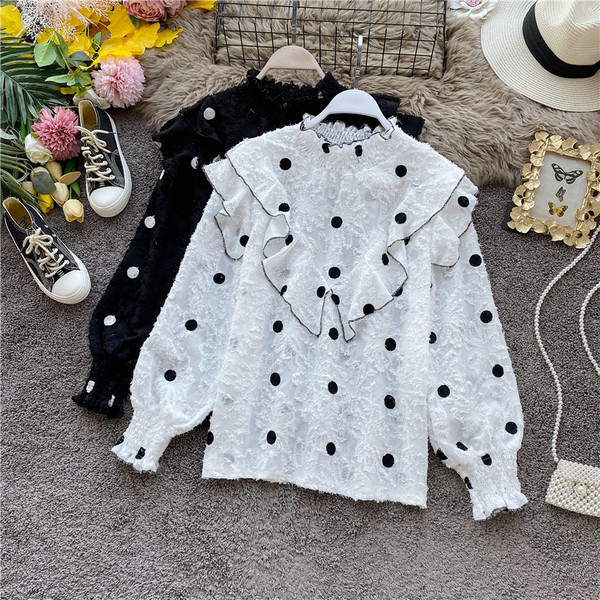 Modern női sifon ing magas gallérral és fürtökkel, fehér, bézs és fekete pöttyökkel