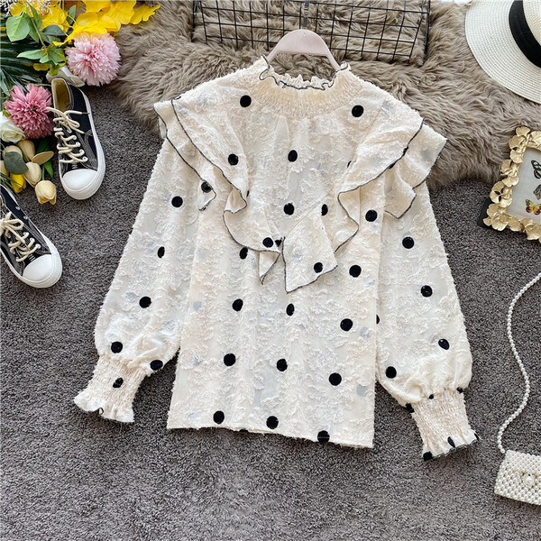 Modern női sifon ing magas gallérral és fürtökkel, fehér, bézs és fekete pöttyökkel