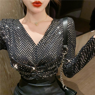 Női blúz V-nyakú arany, ezüst és kék színben, fényes hatással