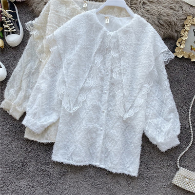 Modern női csipke ing hosszú ujjal és gombokkal fekete, fehér és bézs színben