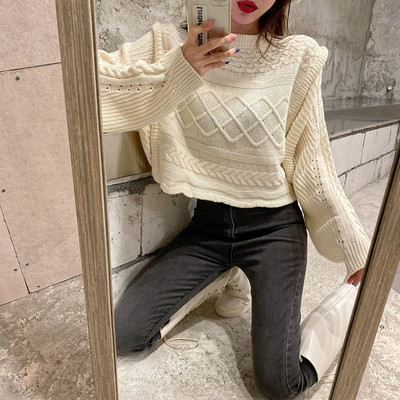 Rövid, hosszú ujjú női pulóver bézs és fekete színben