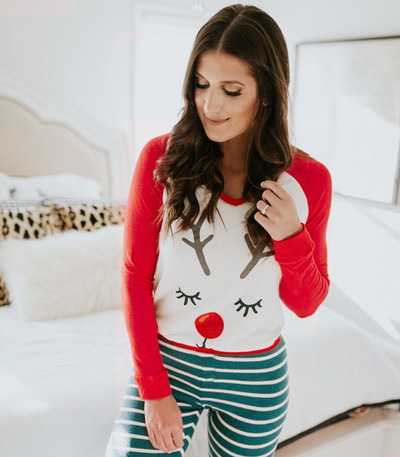 Női karácsonyi pizsama, hosszú ujjú piros rátéttel