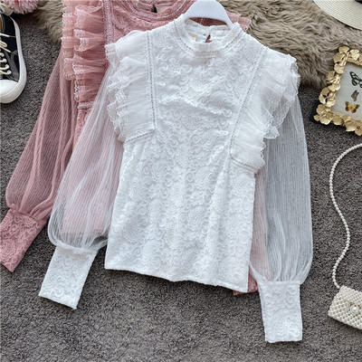 Modern női ing tüll ujjal és magas gallérral rózsaszín, fehér, zöld és fekete színekben