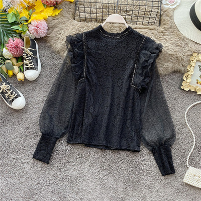 Modern női ing tüll ujjal és magas gallérral rózsaszín, fehér, zöld és fekete színekben