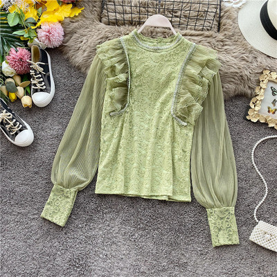 Modern női ing tüll ujjal és magas gallérral rózsaszín, fehér, zöld és fekete színekben