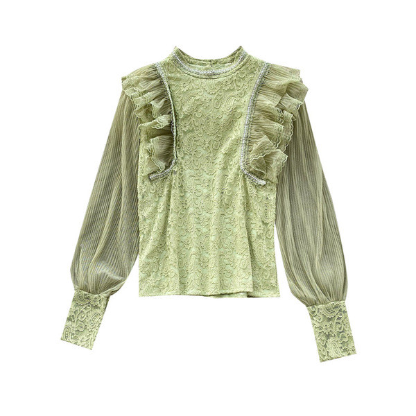 Modern női ing tüll ujjal és magas gallérral rózsaszín, fehér, zöld és fekete színekben