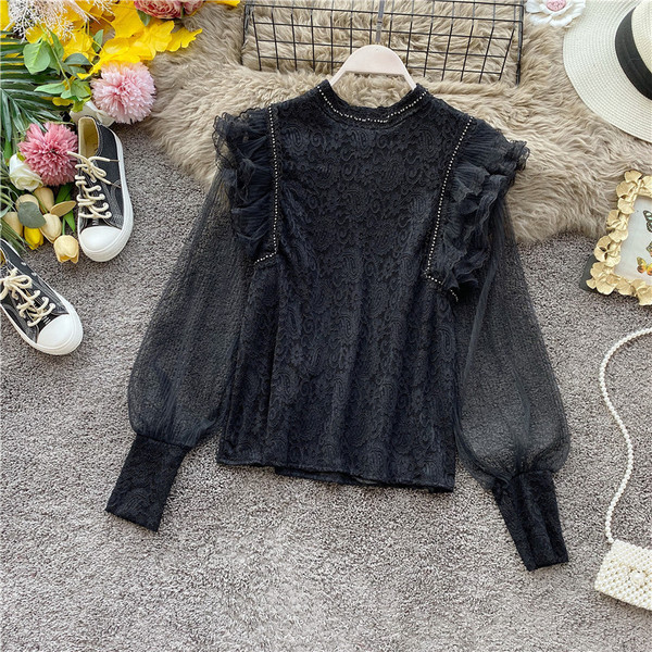 Modern női ing tüll ujjal és magas gallérral rózsaszín, fehér, zöld és fekete színekben