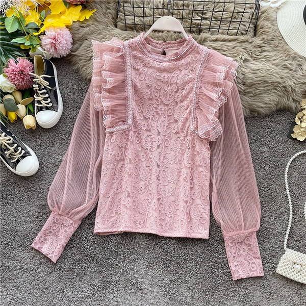 Modern női ing tüll ujjal és magas gallérral rózsaszín, fehér, zöld és fekete színekben