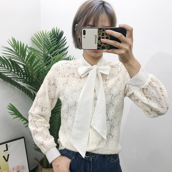 Női csipke ing szalaggal és hosszú ujjú fehér, bézs és fekete színben