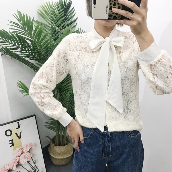 Női csipke ing szalaggal és hosszú ujjú fehér, bézs és fekete színben