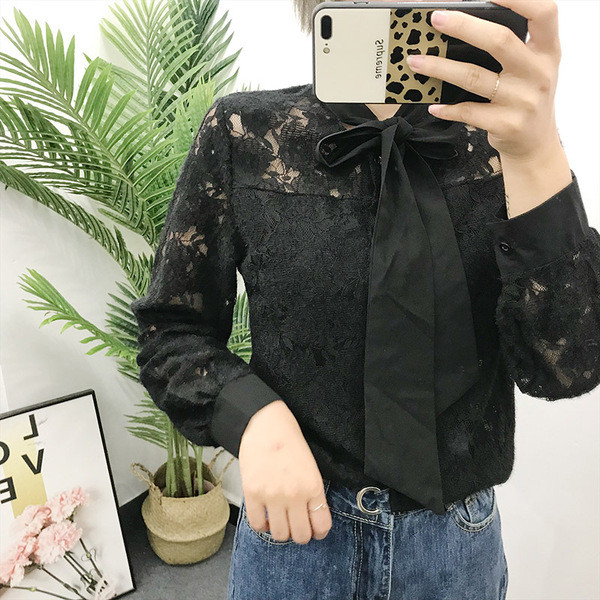 Női csipke ing szalaggal és hosszú ujjú fehér, bézs és fekete színben