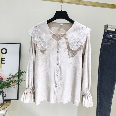 Modern női ing bársony csipkegallérral, fekete és bézs színben