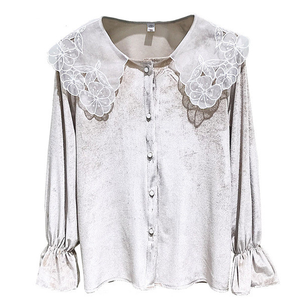 Modern női ing bársony csipkegallérral, fekete és bézs színben