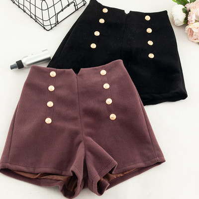 Модерни дамски къси панталони с висока талия и копчета от кадифе в розов и черен цвят