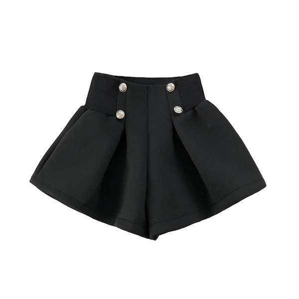 Női rövidnadrág széles modell szürke és fekete színben, elasztikus derékkal