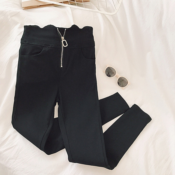 Modern női nadrág cipzárral, magas derékkal, fekete színben