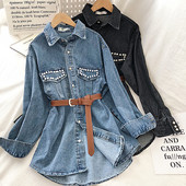 Modern női farmer ing gyöngyökkel és klasszikus gallérral kék és fekete színben