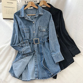 Új modell női farmer ing övvel és gombokkal, kék és fekete színben