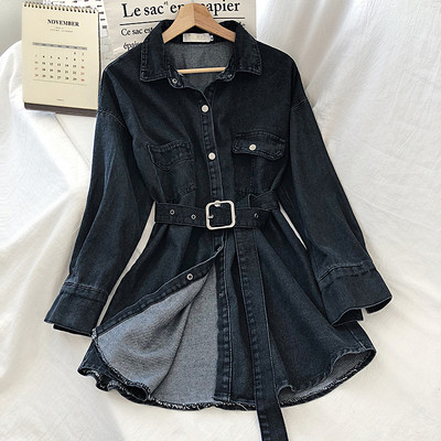 Új modell női farmer ing övvel és gombokkal, kék és fekete színben