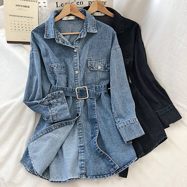Új modell női farmer ing övvel és gombokkal, kék és fekete színben