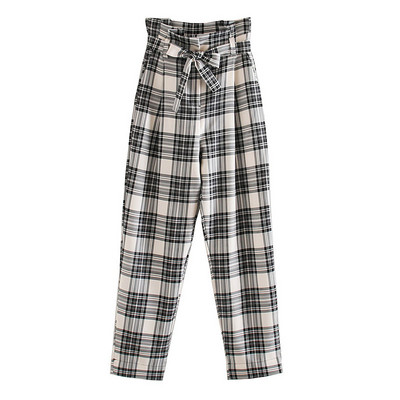 Modern kockás nadrág magas derékkal és övvel - egyenes modell