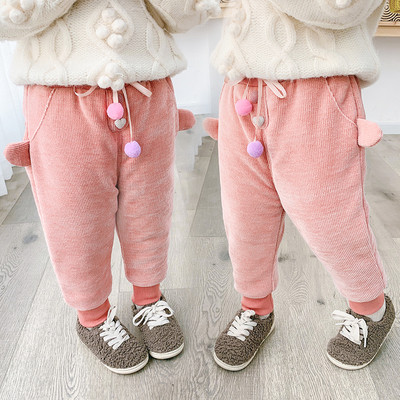 Зимни детски панталони за момичета в розов и черен цвят с връзки и 3D елементи