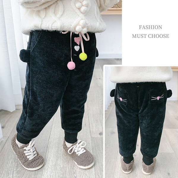 Rózsaszín és fekete téli gyereknadrág lányoknak nyakkendővel és 3D elemekkel