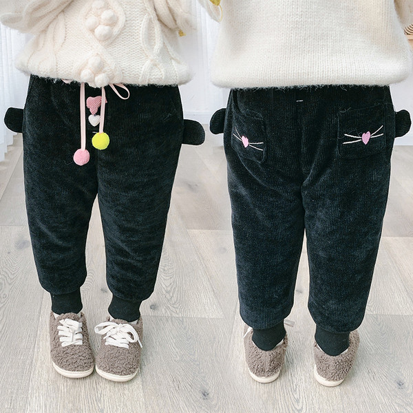 Rózsaszín és fekete téli gyereknadrág lányoknak nyakkendővel és 3D elemekkel