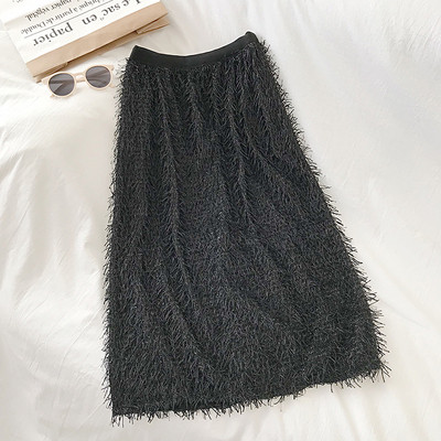 Modern női szoknya magas derékkal és bojttal bézs és fekete színben