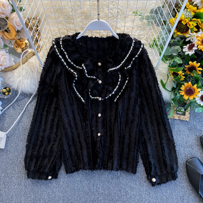 Modern női ing békával és gyöngyökkel, fehér és fekete színben