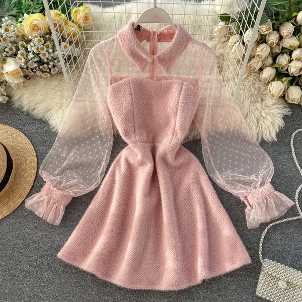 Γυναικείο χειμωνιάτικο φόρεμα με φαρδιά μανίκια και κλασικό κολάρο