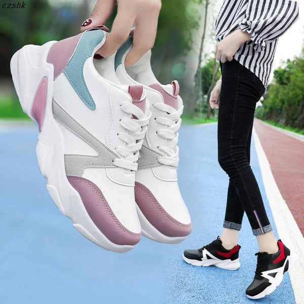 Alkalmi női tornacipő durva talppal és fűzős rózsaszín és fekete színben