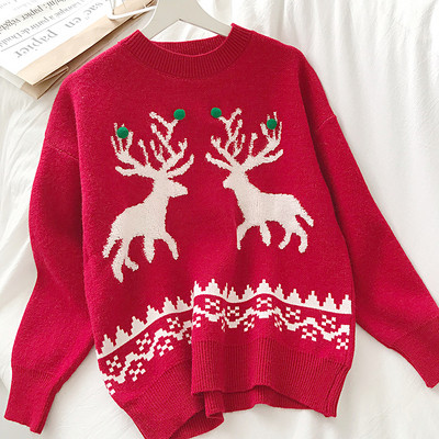 Casual Γυναικείο πουλόβερ με ωοειδές λαιμόκοψη και Χριστούγεννα μοτίβο σε κόκκινο και μπλε χρώμα