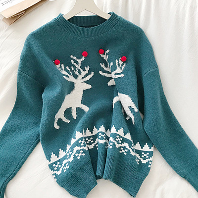 Casual Γυναικείο πουλόβερ με ωοειδές λαιμόκοψη και Χριστούγεννα μοτίβο σε κόκκινο και μπλε χρώμα