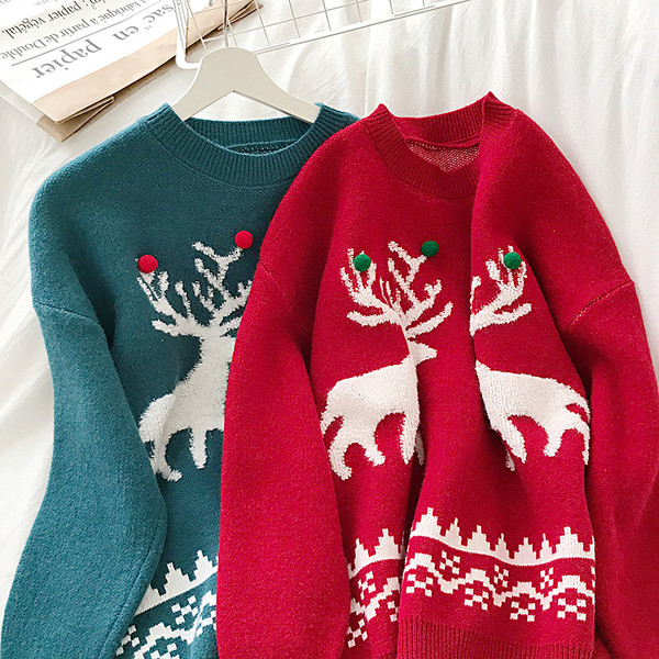 Casual Γυναικείο πουλόβερ με ωοειδές λαιμόκοψη και Χριστούγεννα μοτίβο σε κόκκινο και μπλε χρώμα