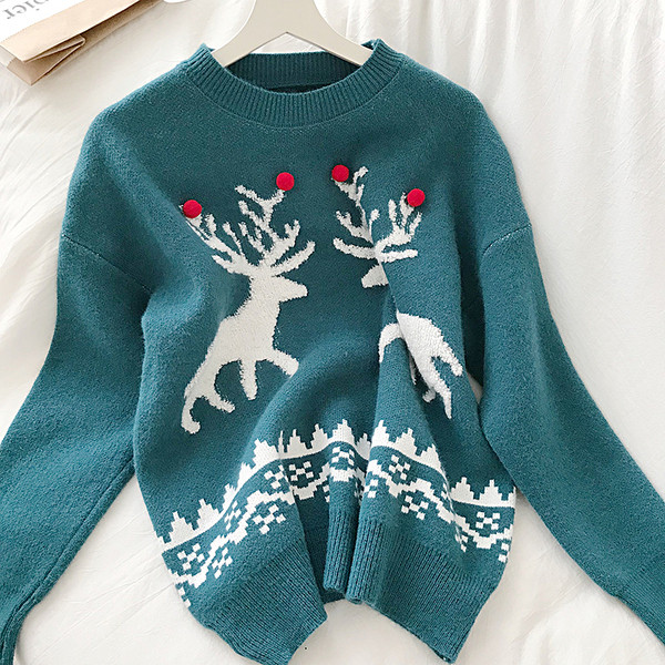 Casual Γυναικείο πουλόβερ με ωοειδές λαιμόκοψη και Χριστούγεννα μοτίβο σε κόκκινο και μπλε χρώμα