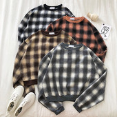 Καρό γυναικείο πουλόβερ  ρετρό στυλ με στρογγυλη λαιμόκοκκο και μακρύ μανίκι