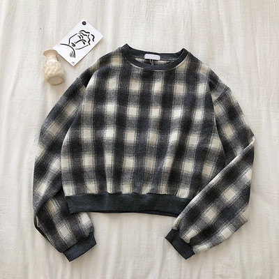 Καρό γυναικείο πουλόβερ  ρετρό στυλ με στρογγυλη λαιμόκοκκο και μακρύ μανίκι