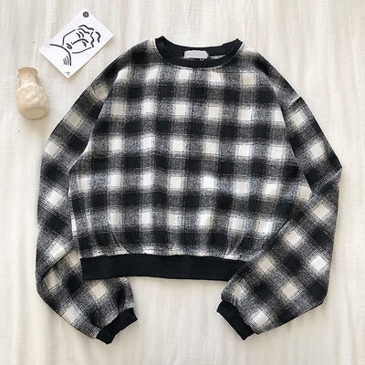 Καρό γυναικείο πουλόβερ  ρετρό στυλ με στρογγυλη λαιμόκοκκο και μακρύ μανίκι