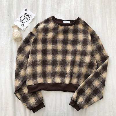 Καρό γυναικείο πουλόβερ  ρετρό στυλ με στρογγυλη λαιμόκοκκο και μακρύ μανίκι